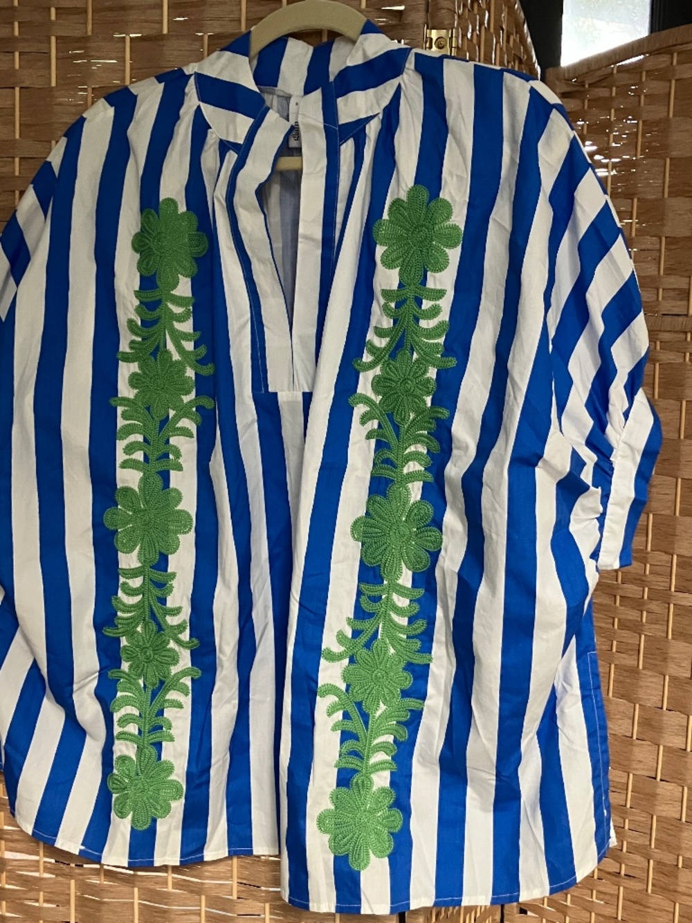 Glam blue & white cabana stripe popover cotton top with green embroidery details